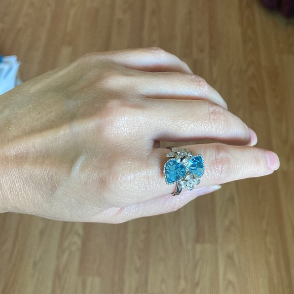 Vintage Sarah Coventry "Love Story" Double Blue Hearts Adjustable Ring - Picture 3 of 11